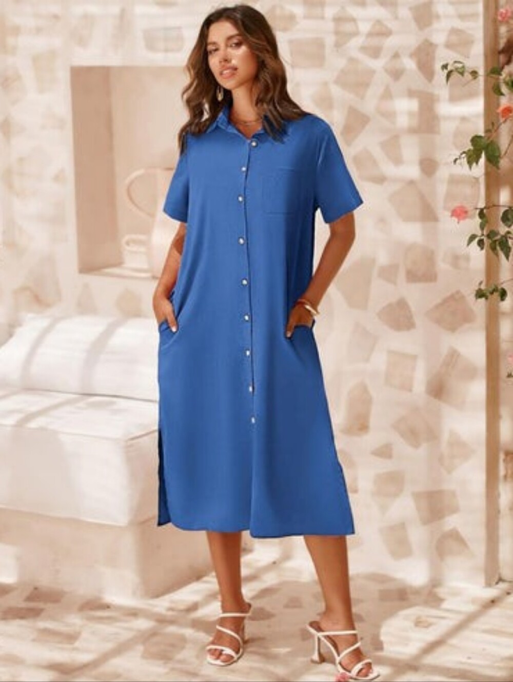 Zeagoo Rayon Nylon Short Sleeve Midi Button Down Pocket Dress Travel Royal Blue